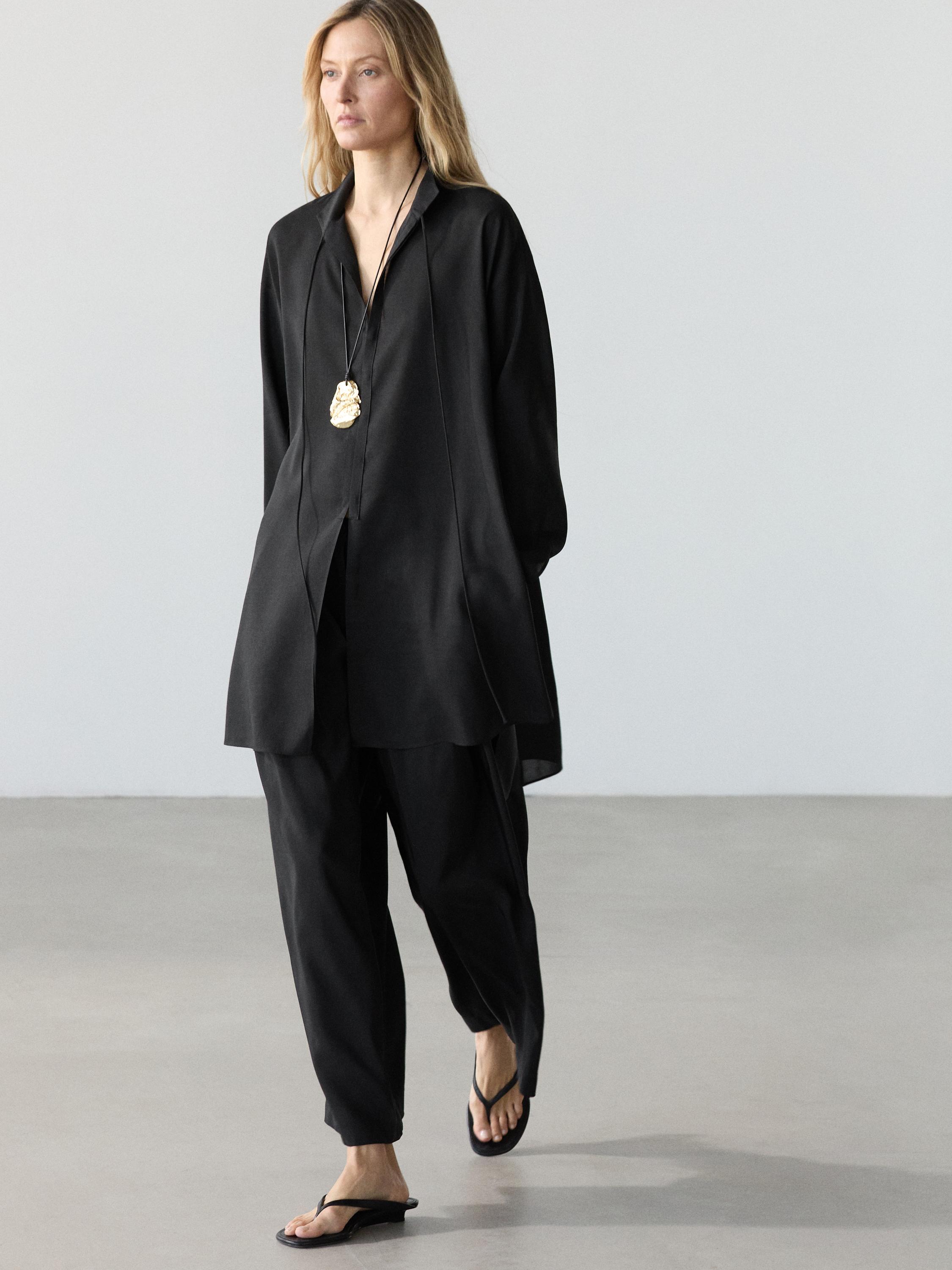 Flowing linen blend shirt with stand collar